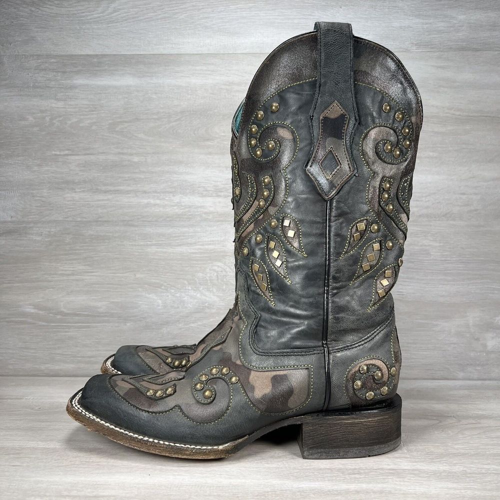 Corral Boots Womens 7.5 Camo Inlay Studded Western Square Toe C3537